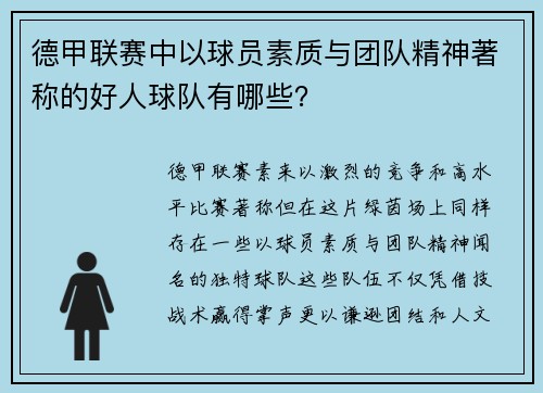 德甲联赛中以球员素质与团队精神著称的好人球队有哪些？